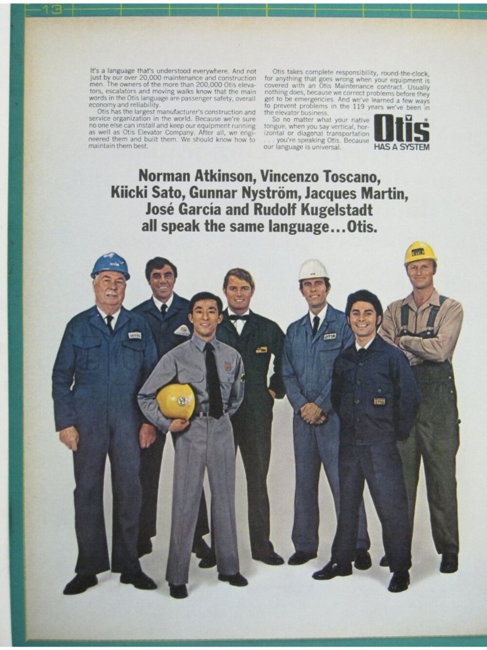 Print Ad Otis Elevator Company Maintenance Team Global Workforce Vintage 1970s